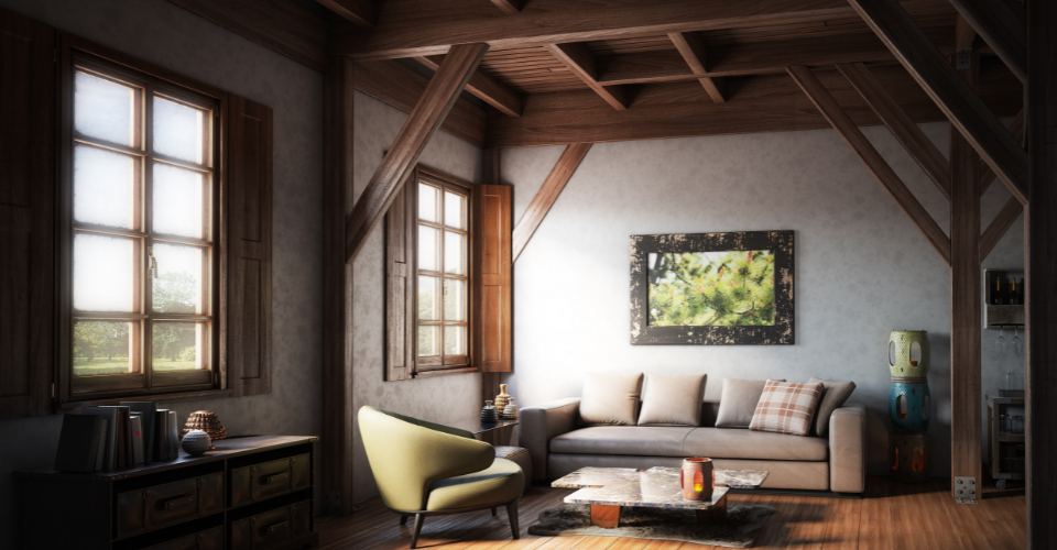 Encantador salón rústico con sillón y butaca, techo de madera y ventanas con contraventanas de madera