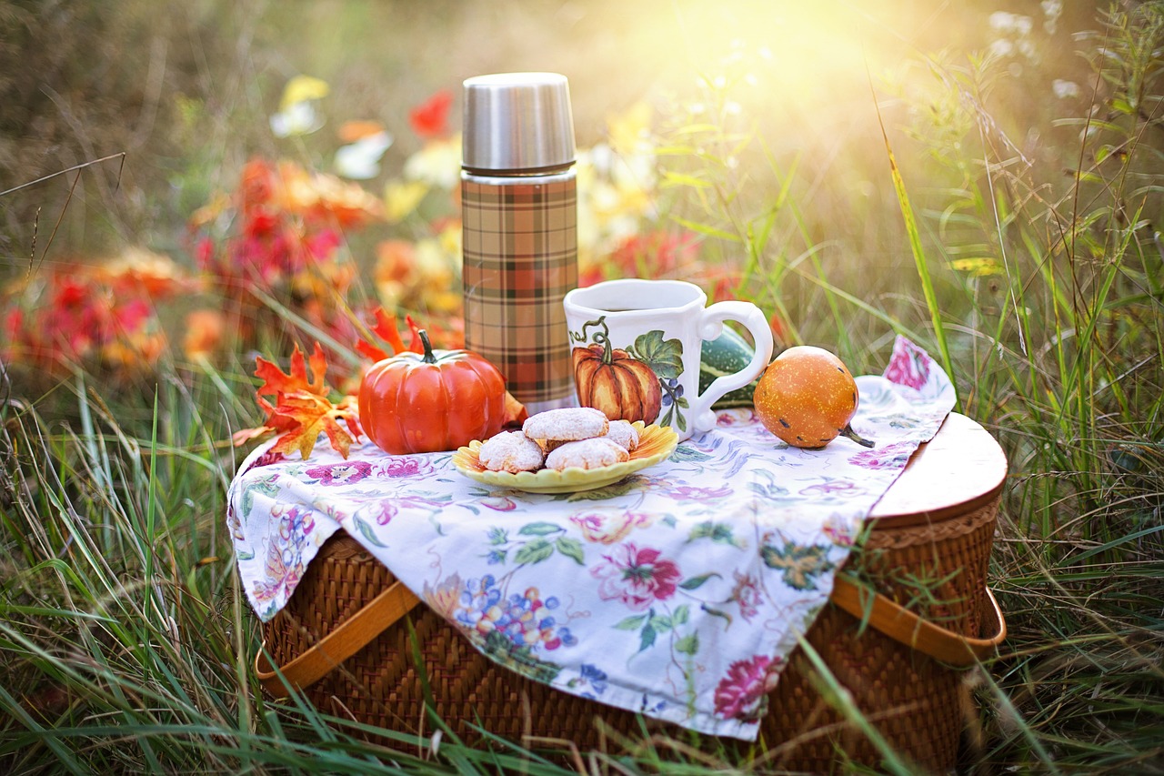Cesta de mimbre de picnic con pastelitos, taza de té, termo en la hierba